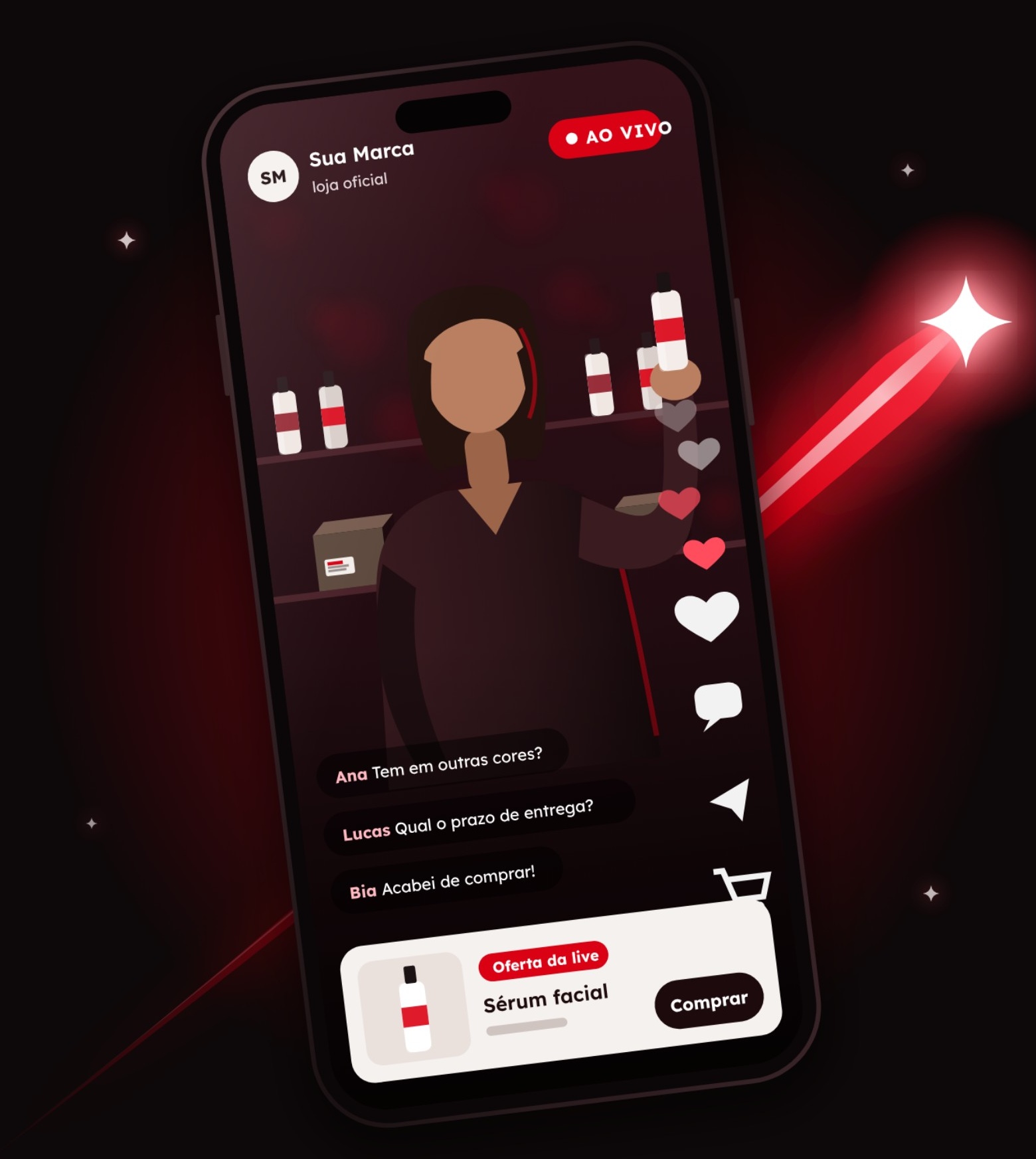 Ilustração conceitual de uma live de vendas no celular, extraída da apresentação Kadent